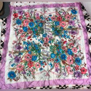 Vintage Silk Scarf delicate 100% Silk Hand Rolled Floral Beautiful 34”x32” MINT